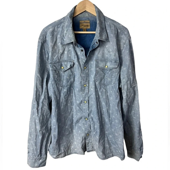 True Religion • All Over Logo Chambray Button Down Long Sleeve Shirt - Picture 1 of 10